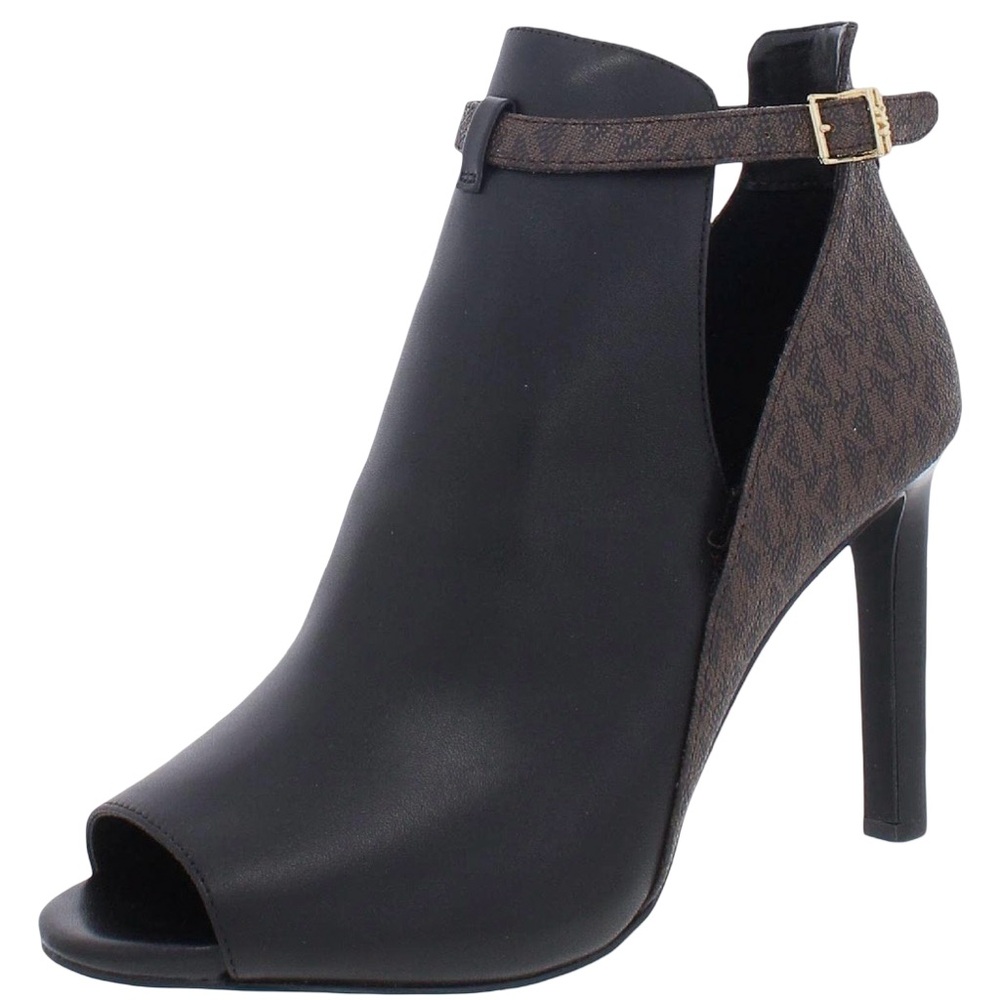 Michael Kors Monogram Booties Lawson Leather Open Toe Boot Black Brown 9.5 $198 - Picture 2 of 7